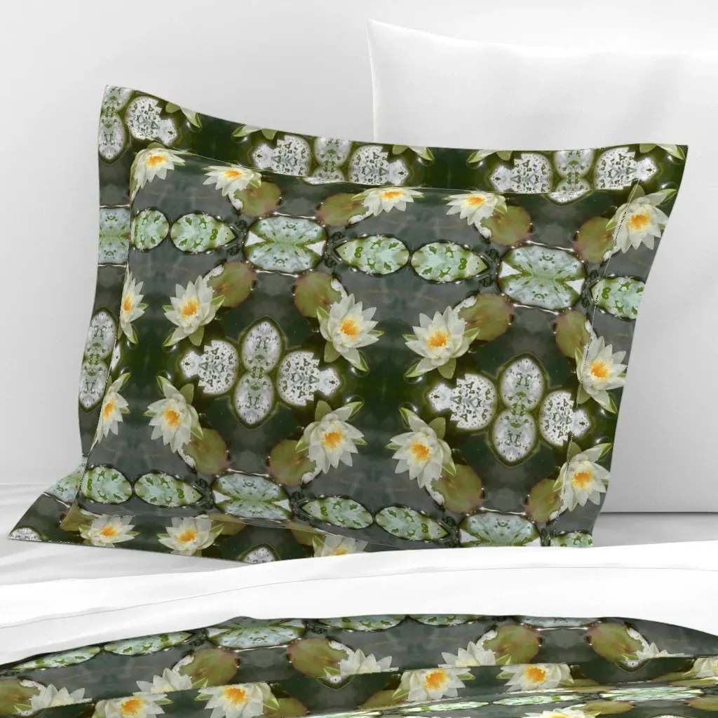 White Lily Pond Botanical Standard Flanged Cushion - White, Cotton Sateen product