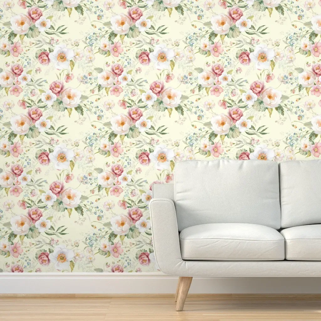 White Roses Pink Peonies Floral Peel and Stick Wallpaper - Pink, Cream product