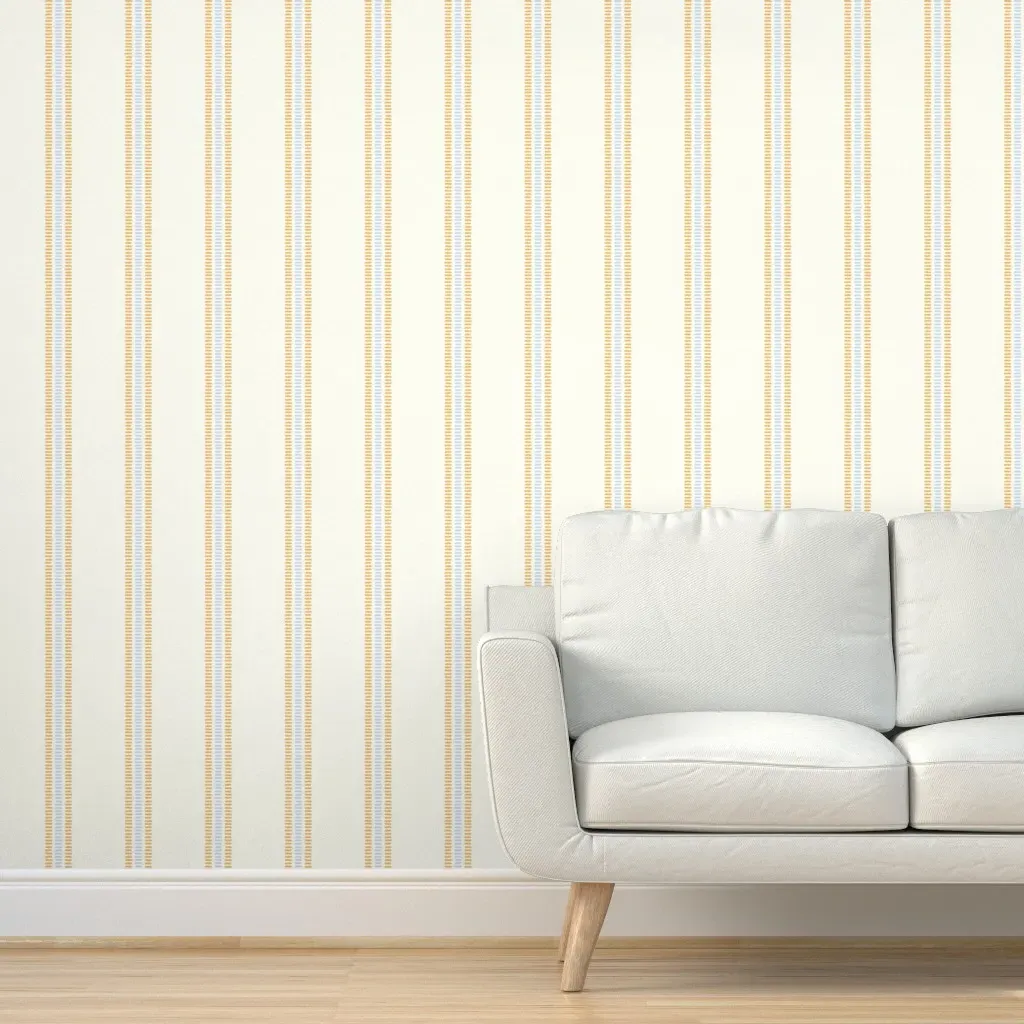 Wide Summer Stripes Peel and Stick Wallpaper - Yellow and Light Blue on Cream product