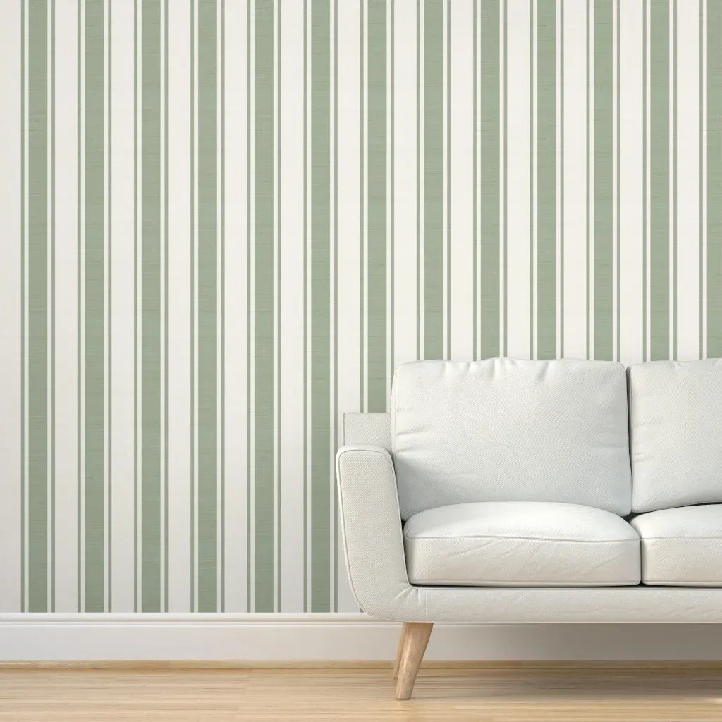 Wide Ticking Stripes Peel and Stick Wallpaper - Sage Green, Linen product