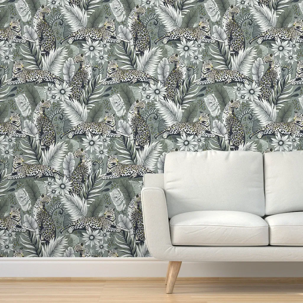 Wild Bohemia Leopard & Exotic Flora Peel and Stick Wallpaper - Sage Green product