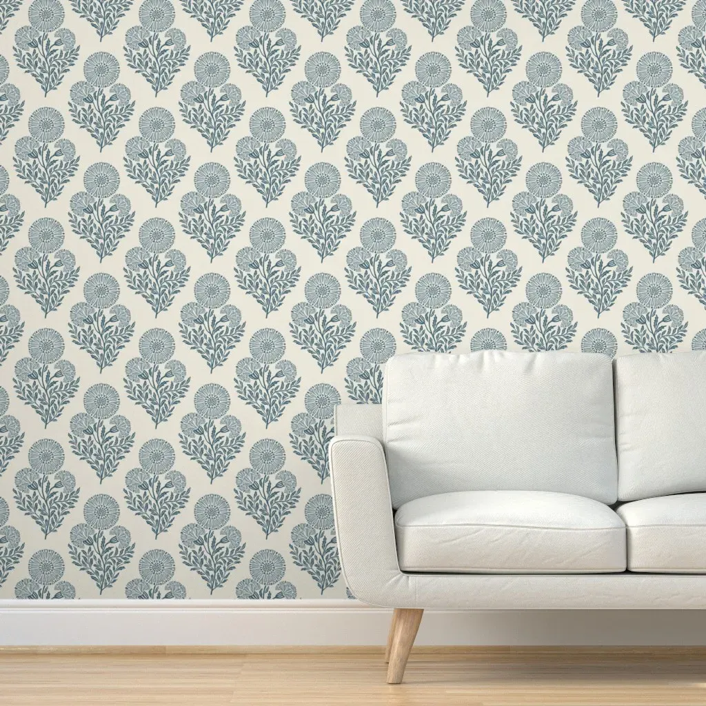 Wild Cornflowers Block Print Peel and Stick Wallpaper - Indigo Blue, Beige product