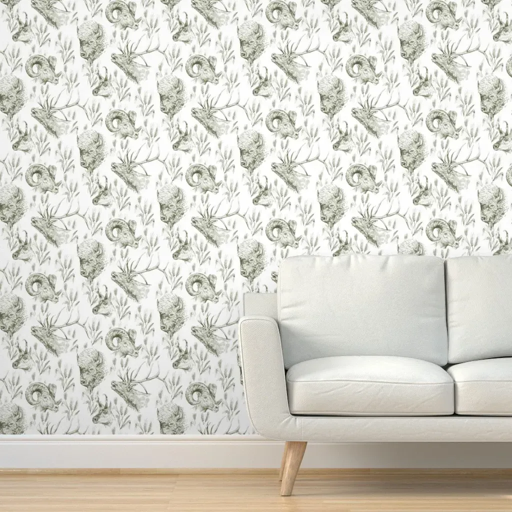 Wild Game Antelope Buffalo Peel and Stick Wallpaper - Olive Green product