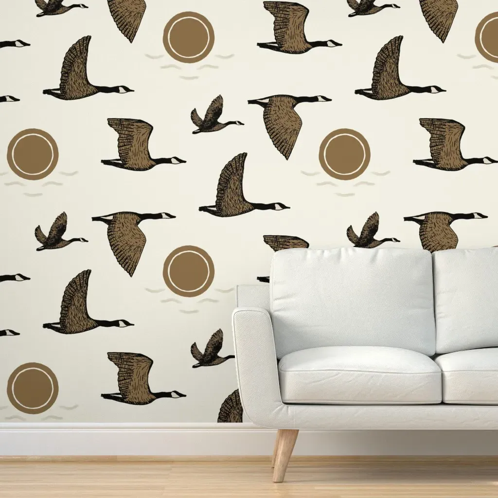 Wild Geese Flying Over Moon Peel and Stick Wallpaper - Brown product