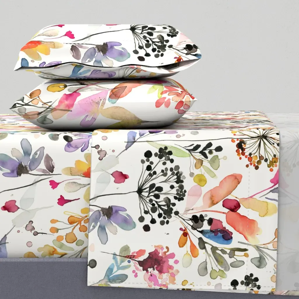 Wild Grasses Watercolor Floral Twin Sheet Set - Yellow product