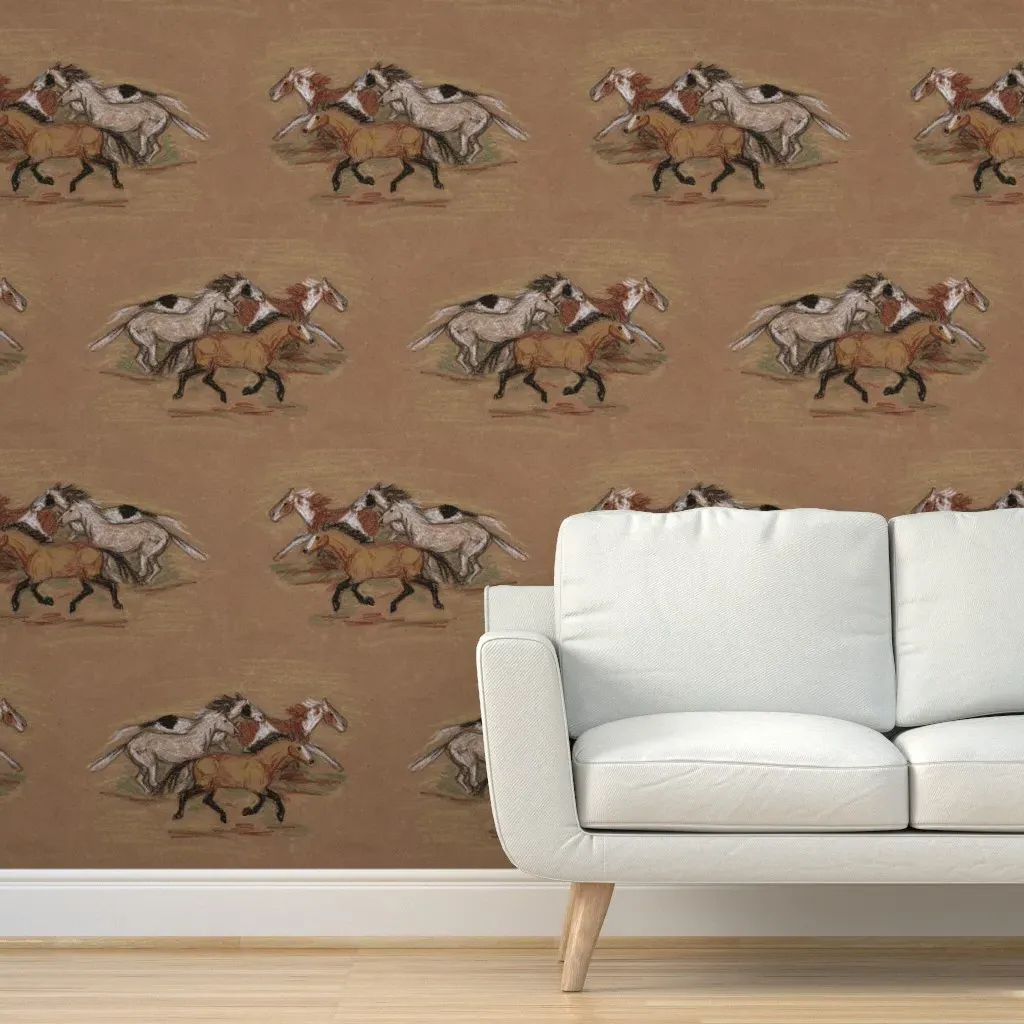 Wild Horse Herd Crayon 2x12ft Peel and Stick Wallpaper - Beige product
