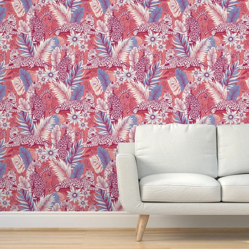 Wild Leopard Tropical Jungle Peel and Stick Wallpaper - Pink product