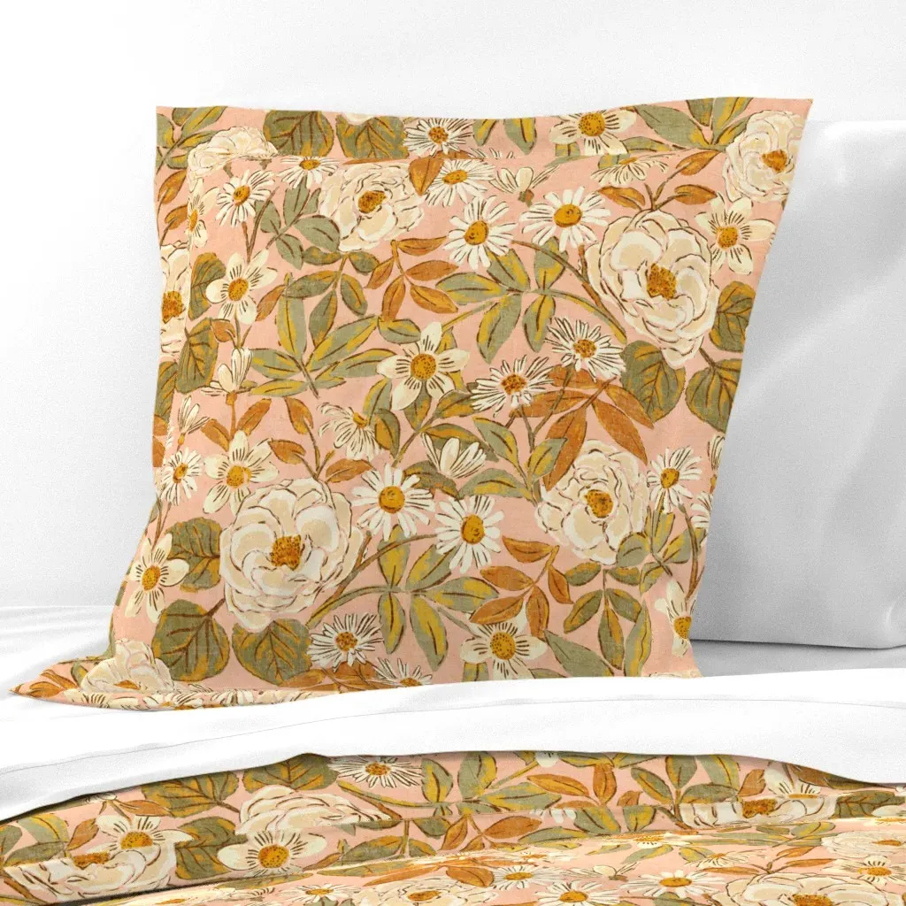 Wild Rose And Daisy Floral Euro Pillow Sham - Pink Orange Sage Green product