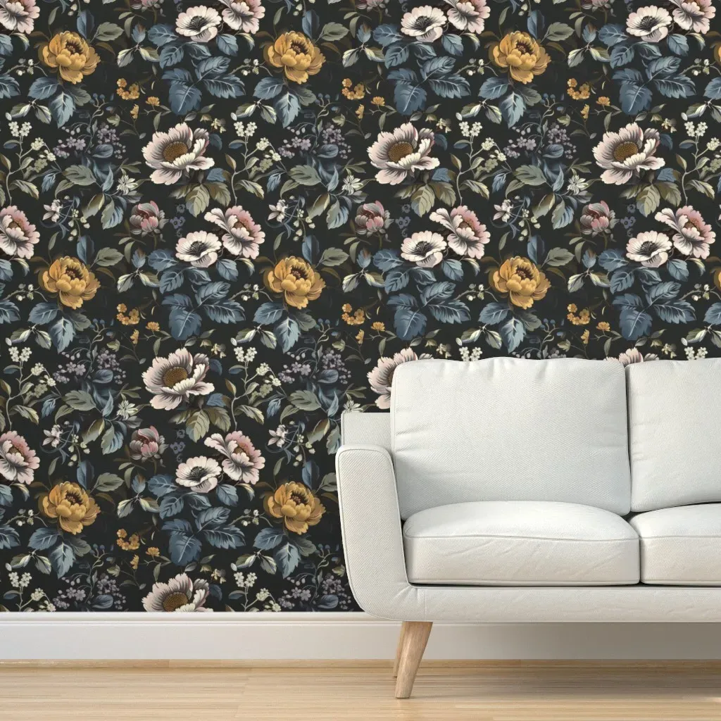 Wild Roses Peel and Stick Wallpaper - Black, Dark Teal product