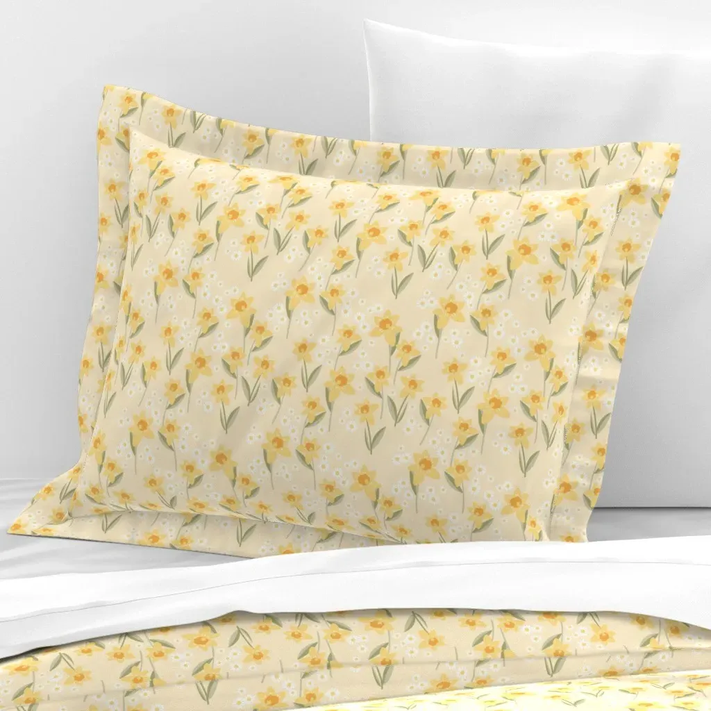 Wild Spring Garden Daffodils And Daisies Standard Flanged Pillow - Yellow, Cotton Sateen product