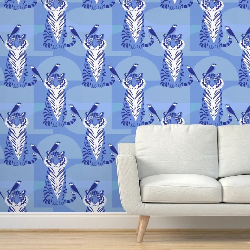 Wild Tiger Jungle Scene Peel and Stick Wallpaper - Blue product