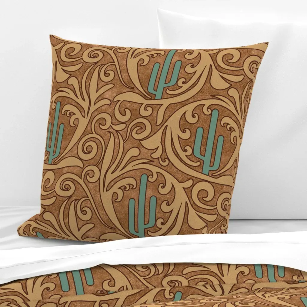 Wild West Saguaro Tooled Leather Pattern Euro Pillow Sham - Beige product