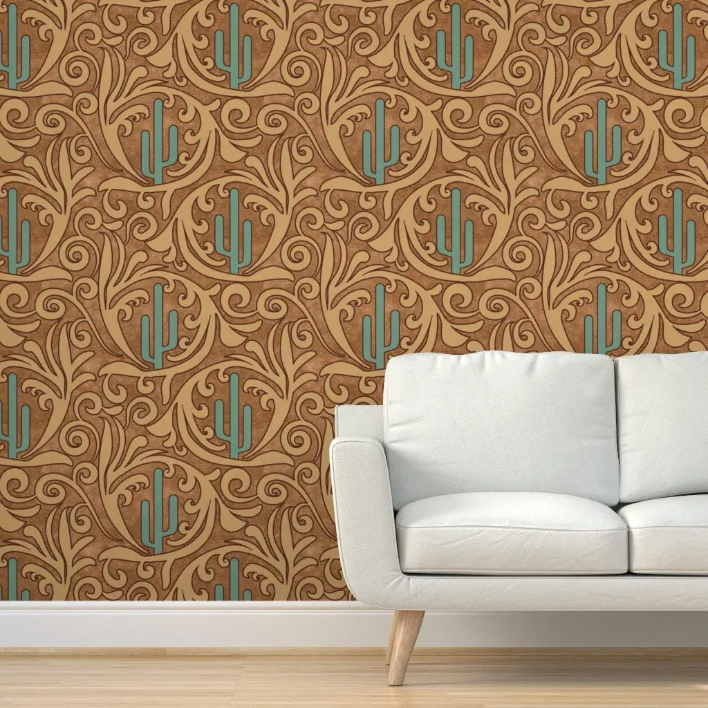 Wild West Saguaro Tooled Leather Peel and Stick Wallpaper - Beige product