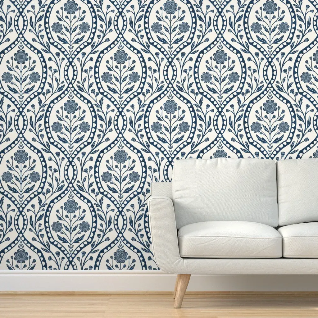 Wildflower Damask Block Print Botanical Peel and Stick Wallpaper - Navy Blue product