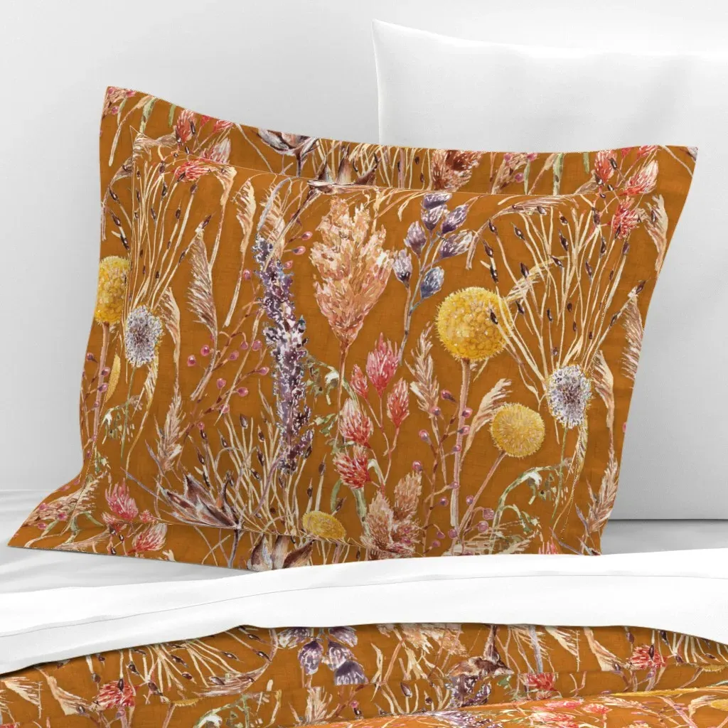 Wildflowers & Grasses Fall Bouquet Standard Flanged Pillow Sham - Mustard Yellow, Cotton Sateen product