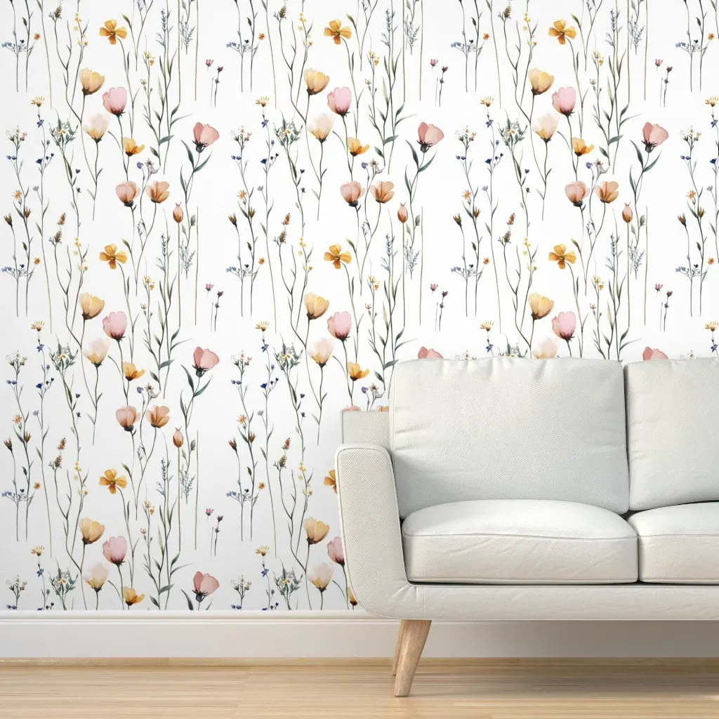 Wildflowers Watercolor Hand Painted Peel and Stick Wallpaper - Peach product