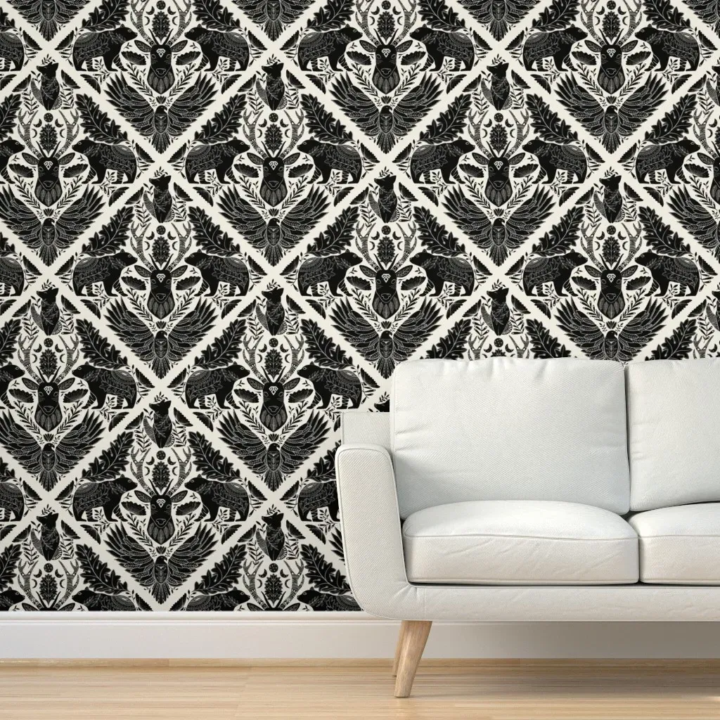 Wildlife Forest Moon Phases Peel and Stick Wallpaper - Black product