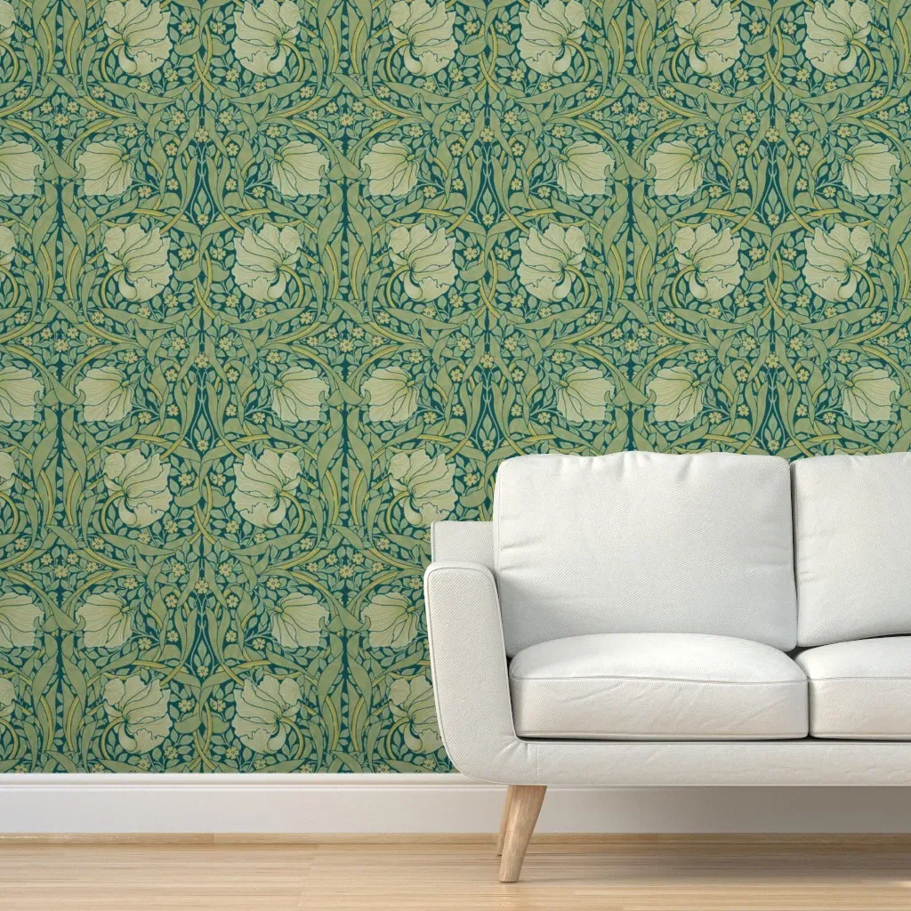 William Morris Antiqued Pimpernel Crane Peel and Stick Wallpaper - Green product