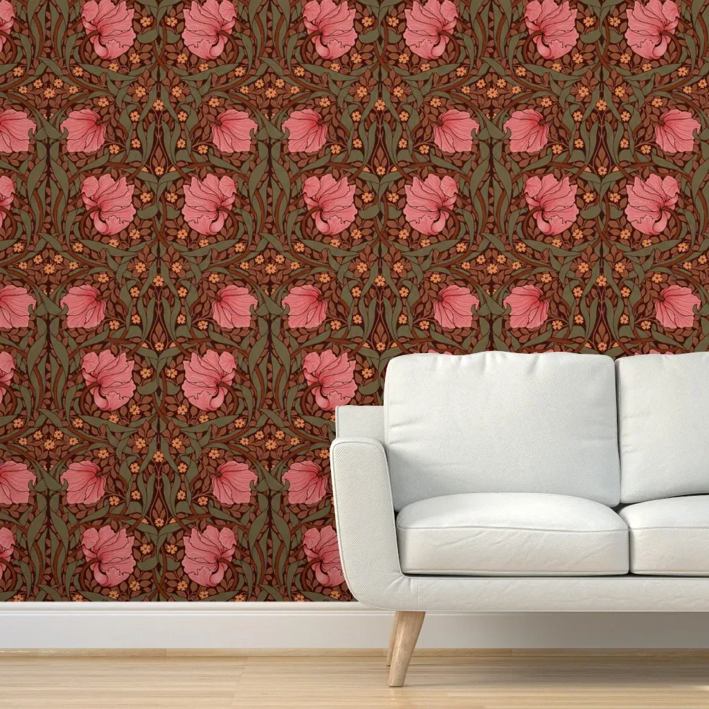 William Morris Antiqued Pimpernel Peel and Stick Wallpaper - Crimson Pink product
