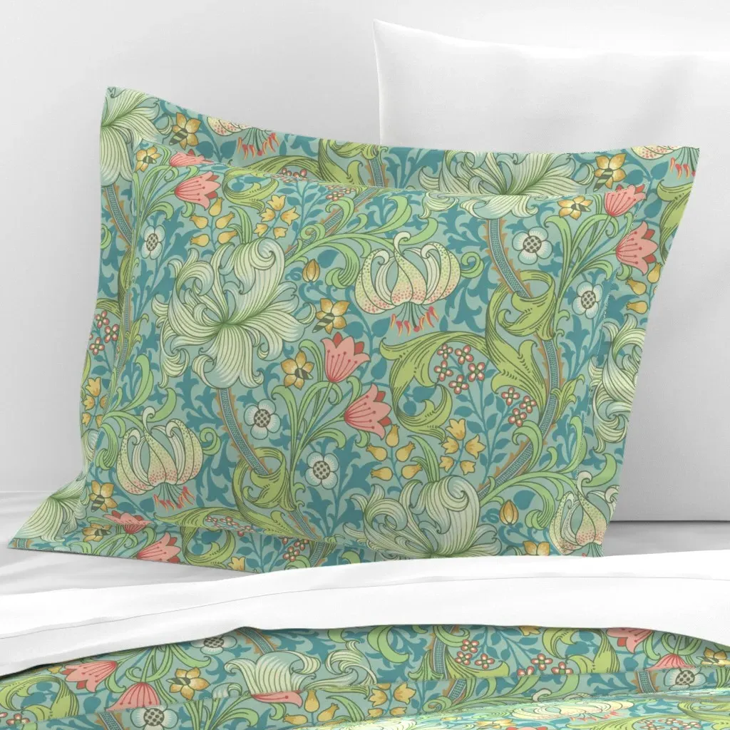 William Morris Golden Lily Standard Flanged Pillow Sham - Green, Cotton Sateen product