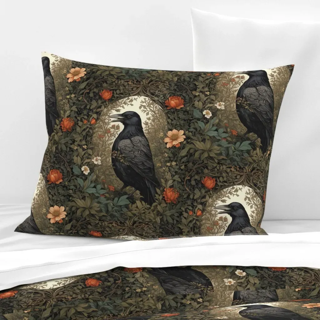 William Morris Raven Standard Knife Edge Cushion Cover - Dark Green, Cotton Sateen product