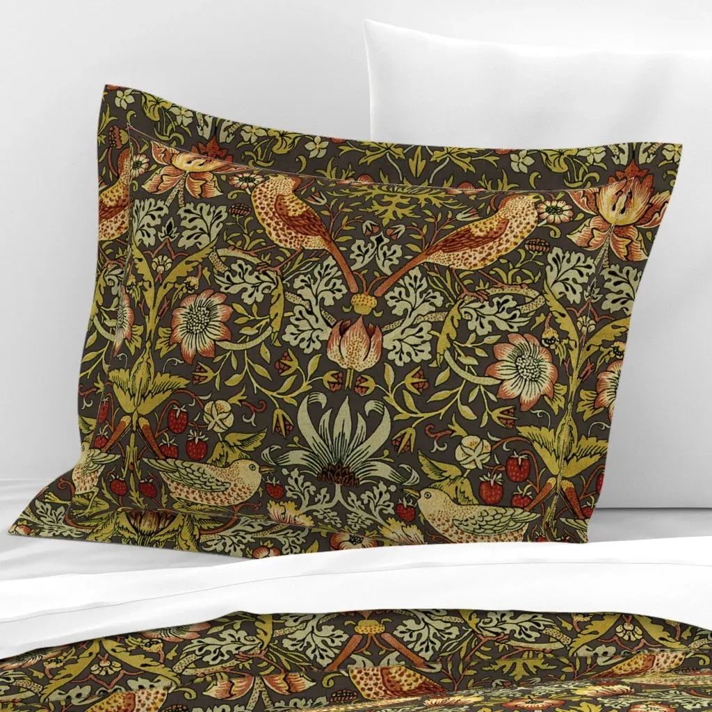 William Morris Strawberry Thief Standard Flanged Cushion Cover - Mustard Yellow, Cotton Sateen product