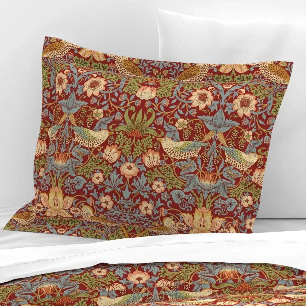 William Morris Strawberry Thief Standard Flanged Cushion Cover - Red, Cotton Sateen product