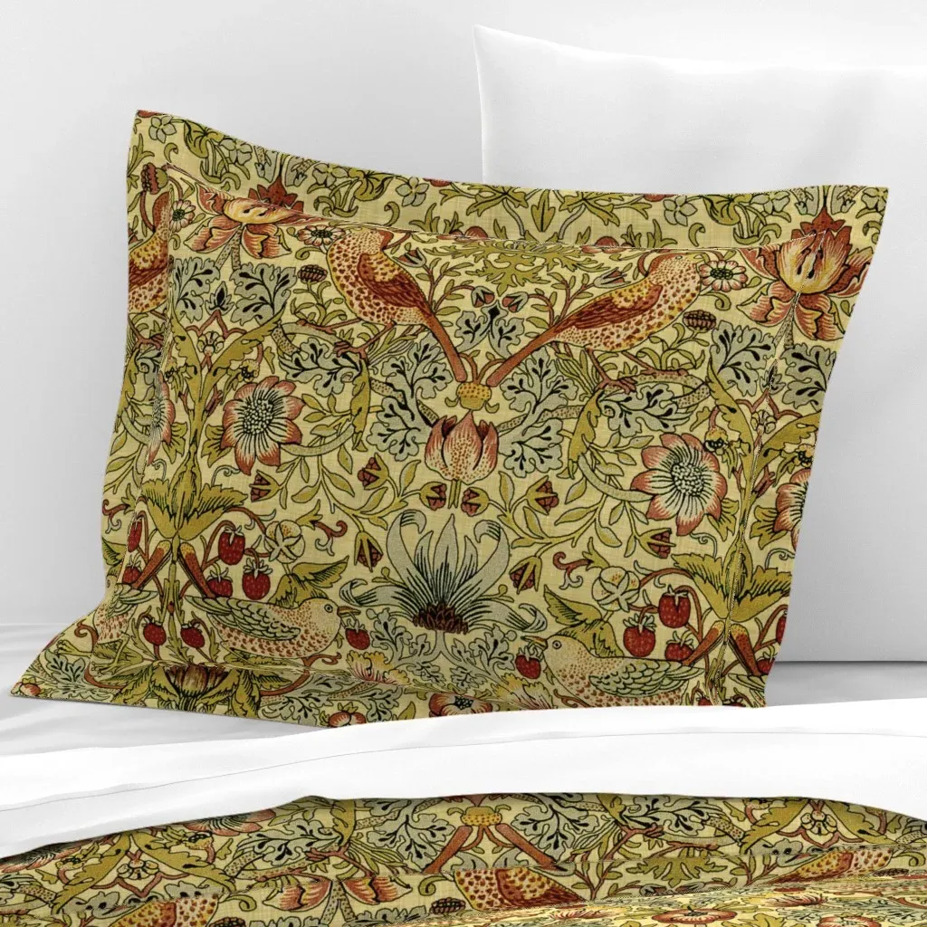 William Morris Strawberry Thief Standard Flanged Pillow Sham - Mustard Yellow, Cotton product