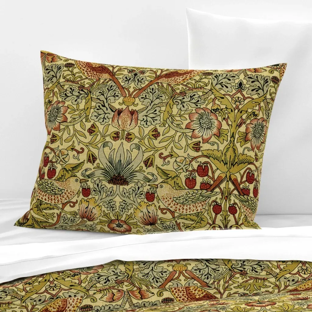 William Morris Strawberry Thief Standard Knife Edge Cushion - Mustard Yellow, Cotton Sateen product