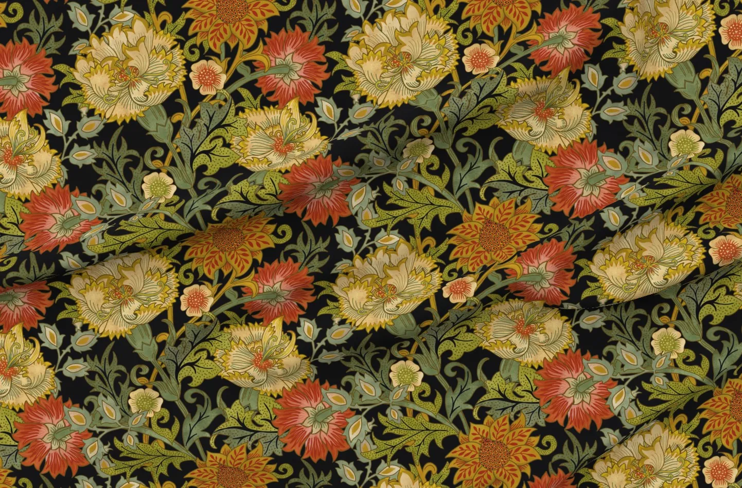 William Morris Style Fresco Pique Fabric - Black, Yellow-Beige product