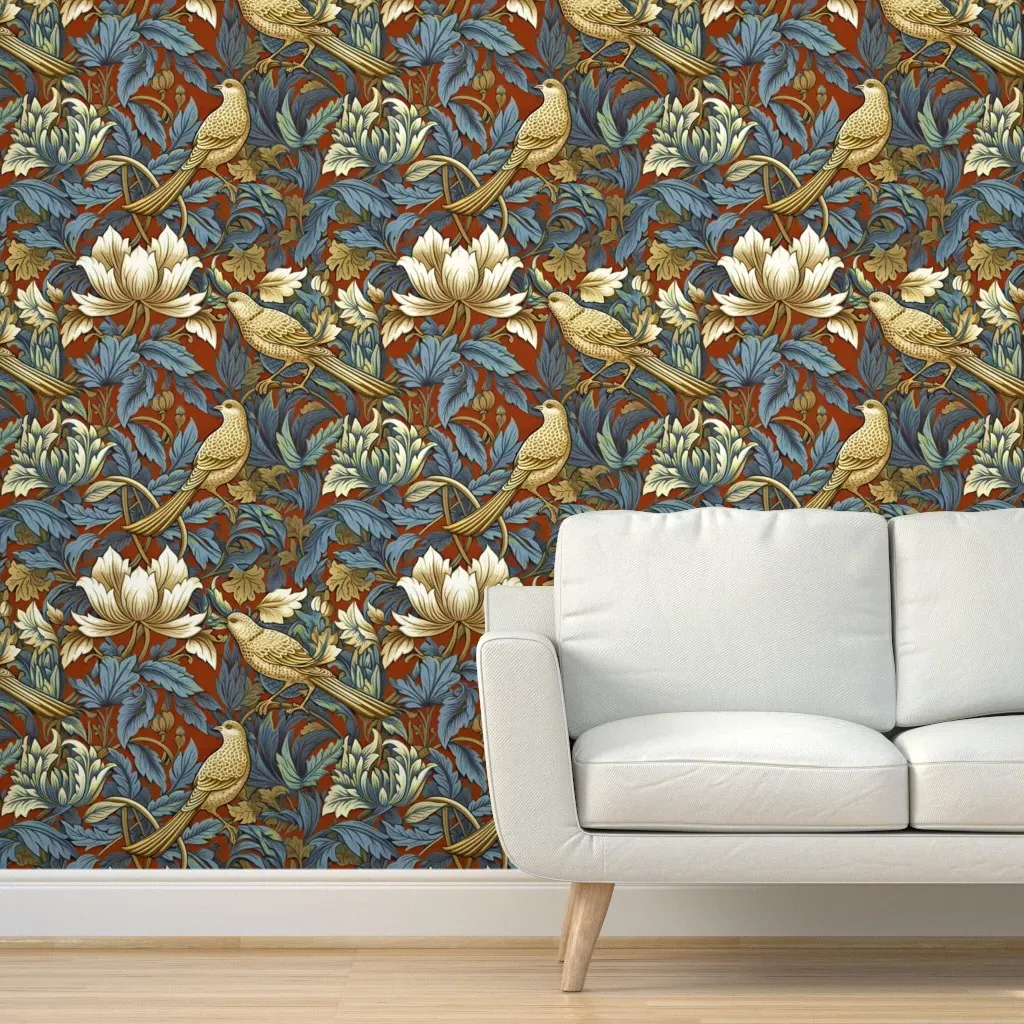 William Morris Winged Bouquet Peel and Stick Wallpaper - Gold, Brick Red product