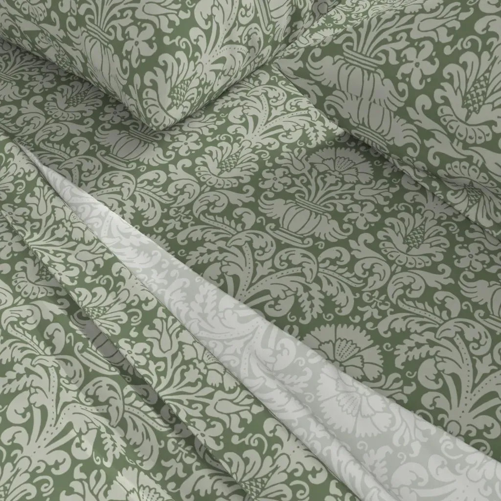William Morris Wood Block Cornflower Tulip Damask King Sheet Set - Sage Green alternate view