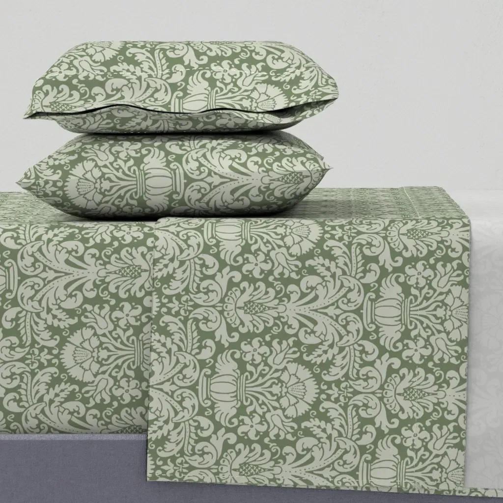 William Morris Wood Block Cornflower Tulip Damask King Sheet Set - Sage Green product