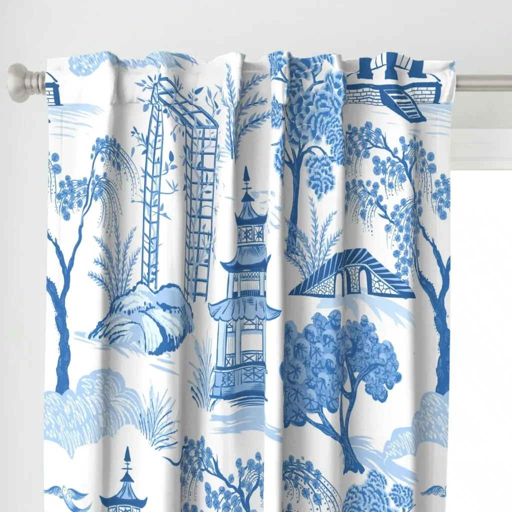 Willow-Pagoda Asian Curtain Panel - Blue alternate view