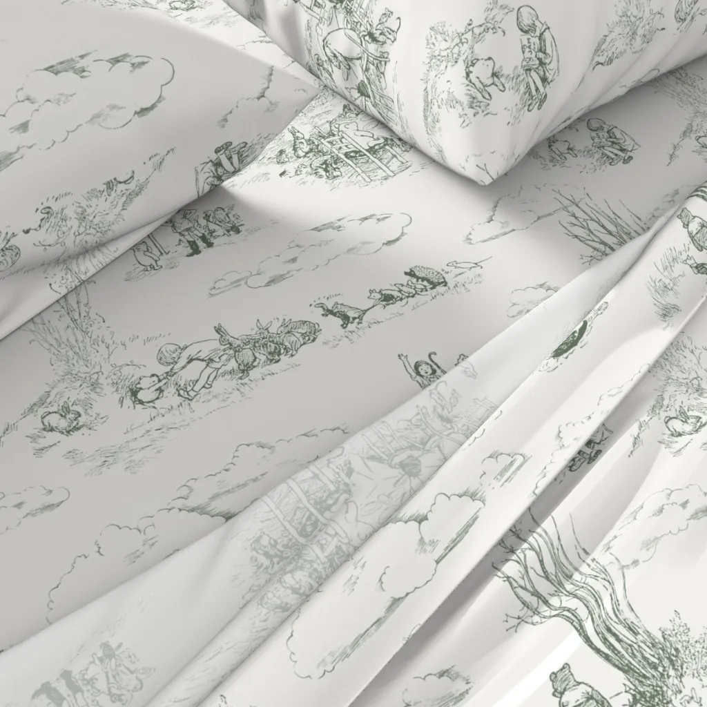 Winnie-The-Pooh Toile Hundred Acre Wood King Sheet Set - Sage Green alternate view