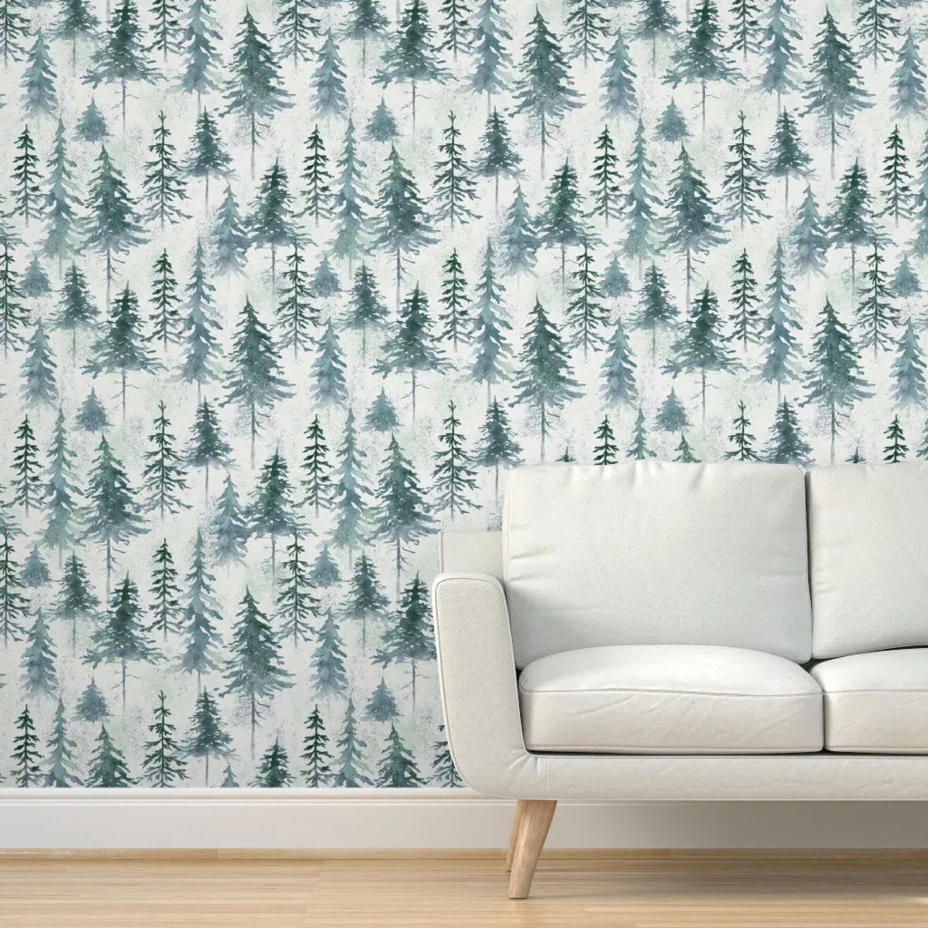 Winter Forest Fir Pine Watercolor Peel and Stick Wallpaper - Green product