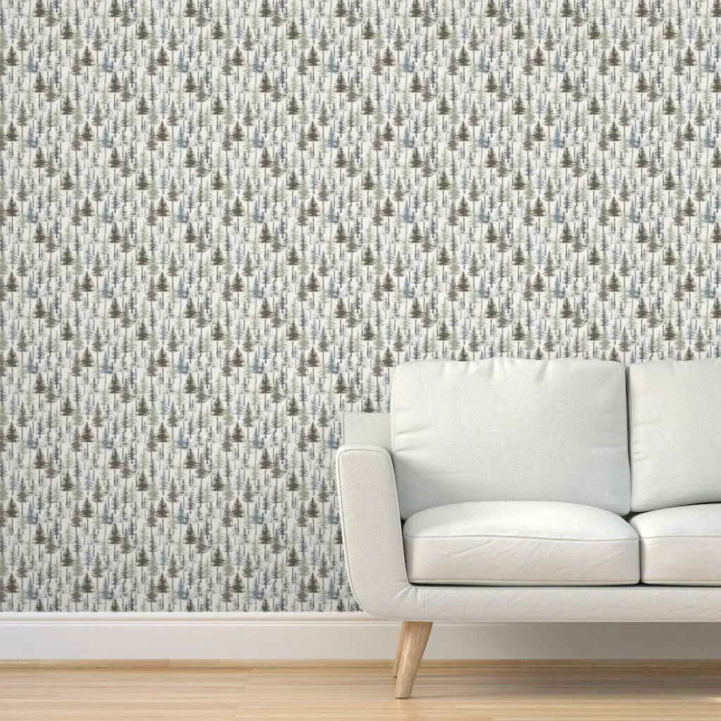 Winter Forest Trees Peel and Stick Wallpaper - Sage Green Blue product