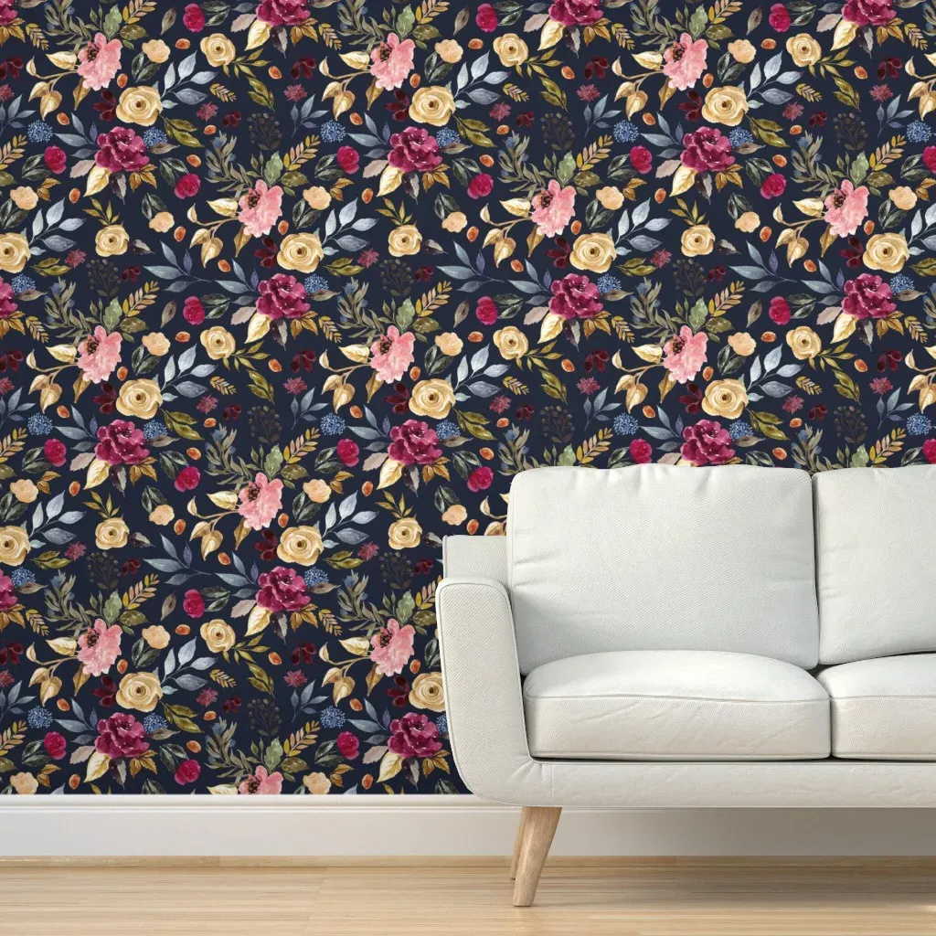 Winter Garden Florals Peel and Stick Wallpaper - Dark Blue product