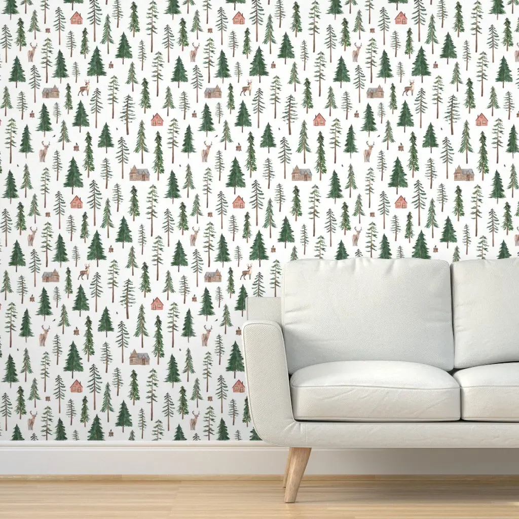 Winter Log Cabin In The Forest Peel and Stick Wallpaper - Green product