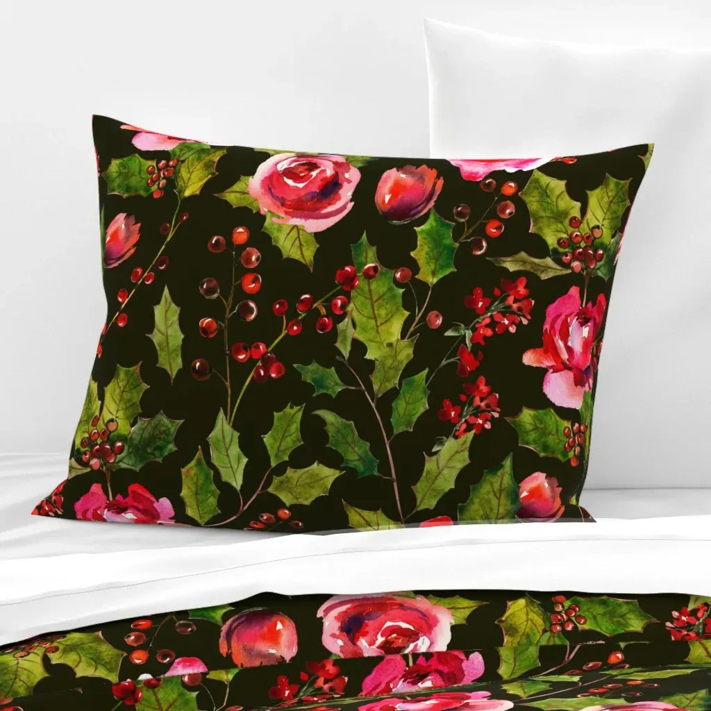 Winter Rose & Berry Watercolor Standard Knife Edge Pillow - Pink, Cotton Sateen product