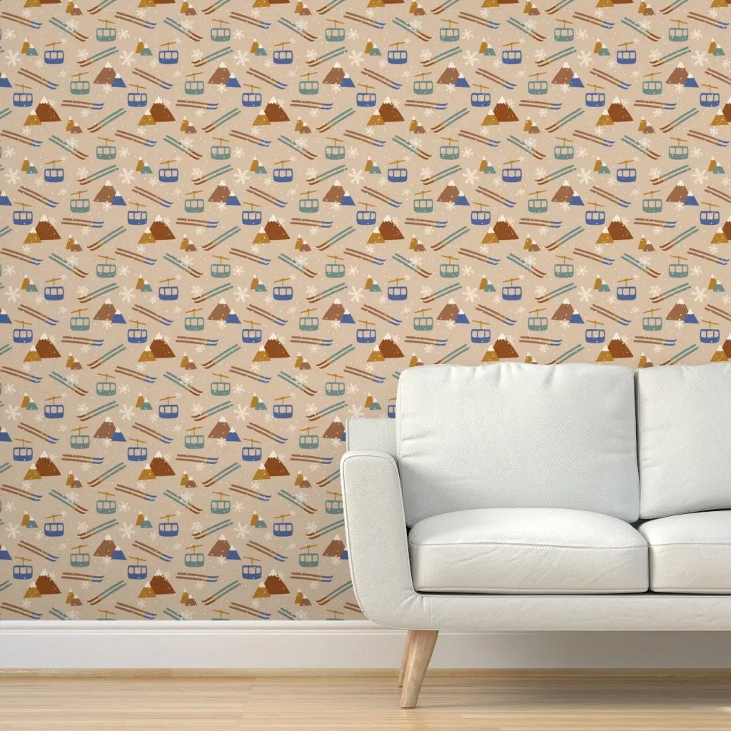 Winter Skis and Mountains Peel and Stick Wallpaper - Beige product