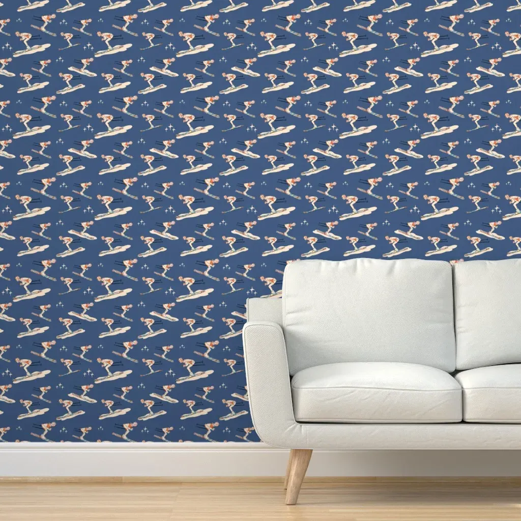 Winter Sports Retro Ski XL Peel and Stick Wallpaper - Blue product