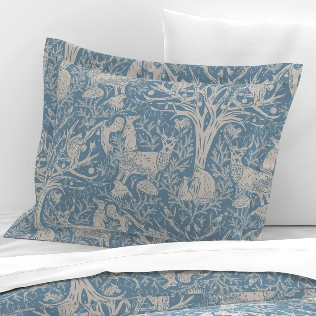 Winter Woodland Festive Animals Standard Flanged Cushion Cover - Blue, Cotton Sateen product