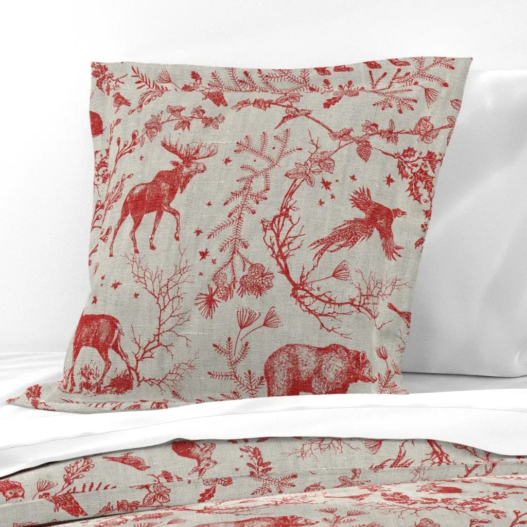 Winter Woodland Toile Euro Pillow Sham - Cranberry/Burlap product
