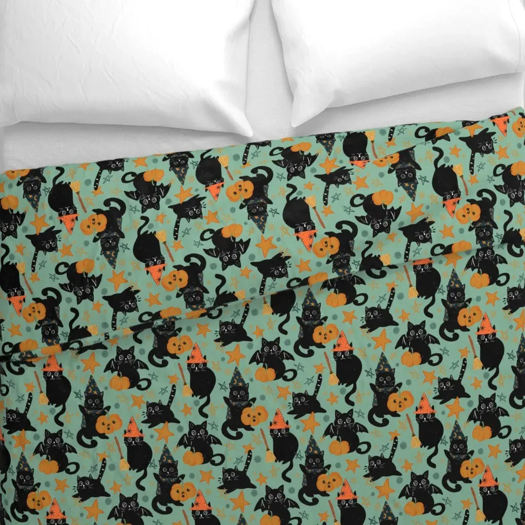 Witchy Black Cats & Pumpkins Duvet Cover - Black alternate view