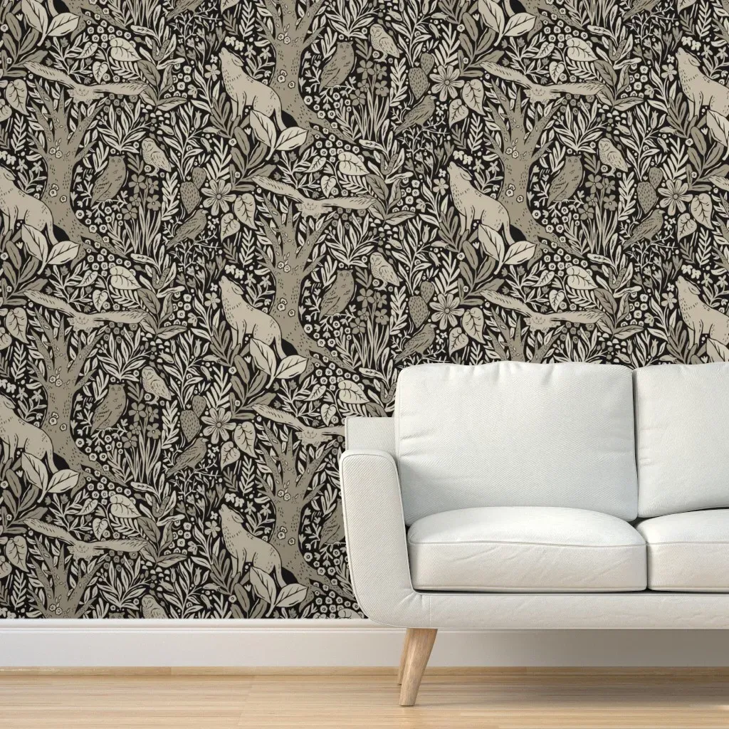 Wolves And Owls Peel and Stick Wallpaper - Charcoal Black and Tan product