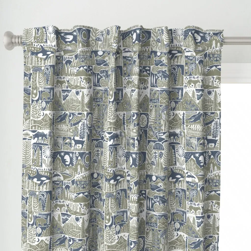 Woodblock Print Northwest Curtain Panel - Dusty Blue alternate view