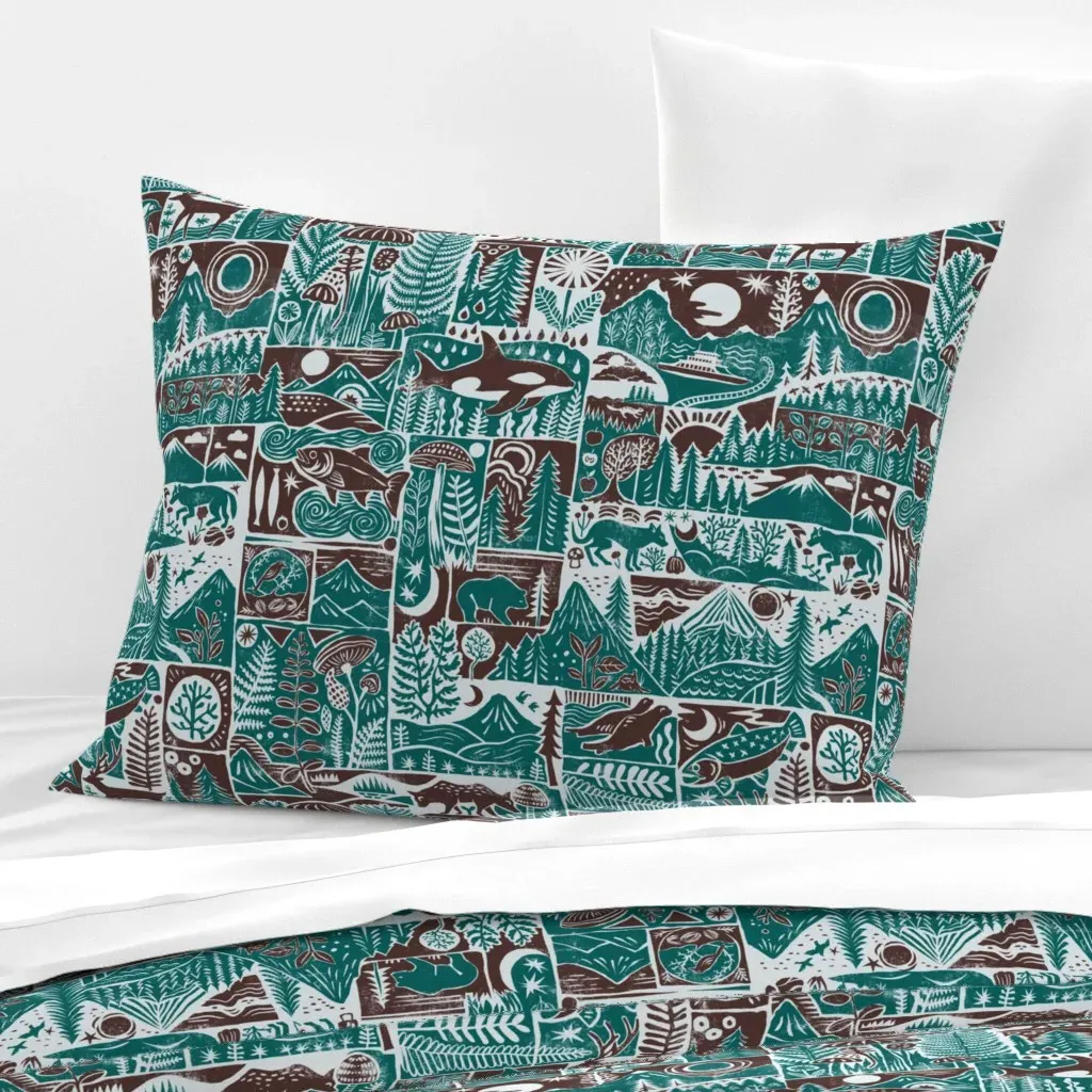 Woodblock Print Northwest Nature Standard Pillow - Teal, Cotton Sateen product