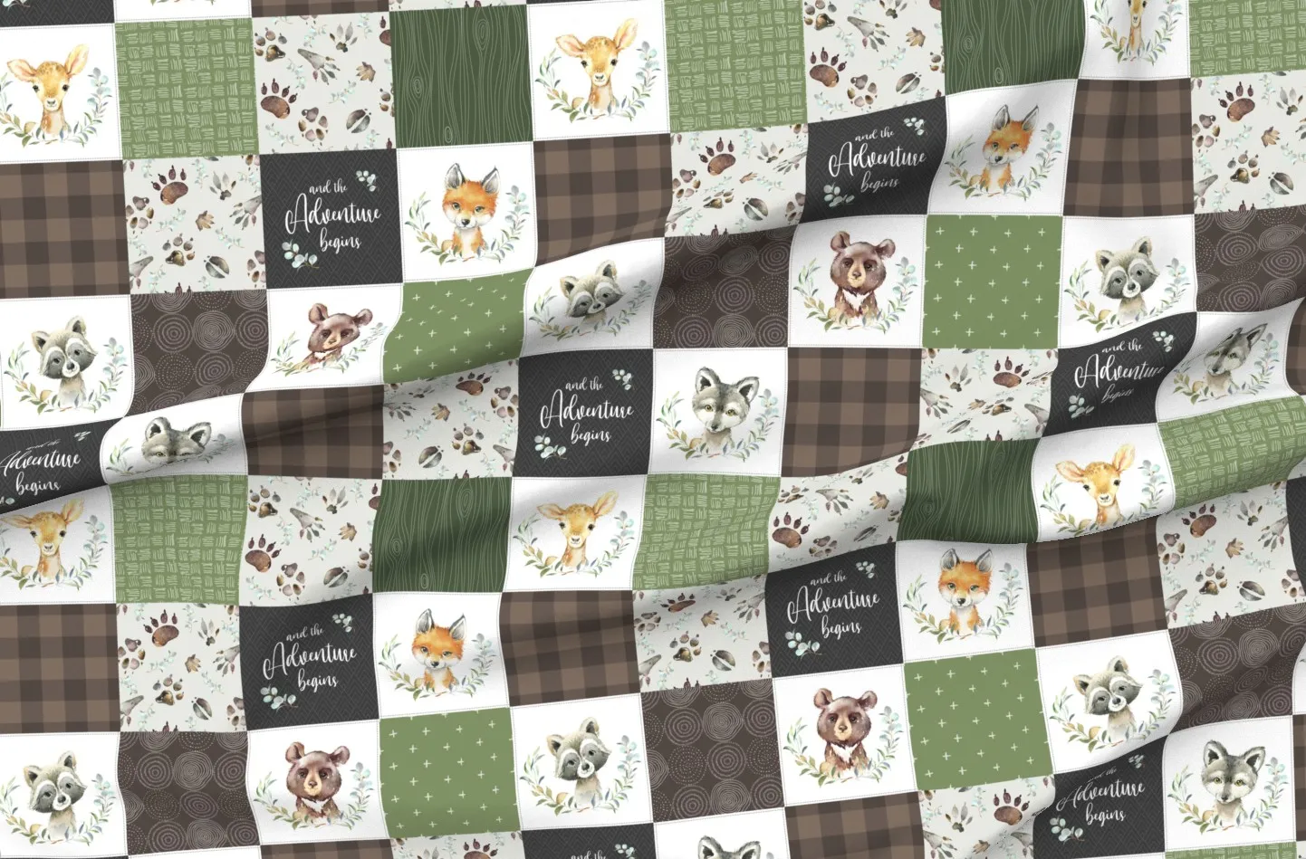 Woodland Animal Tracks Cheater Quilt Top - Green, Gray, Cotton product