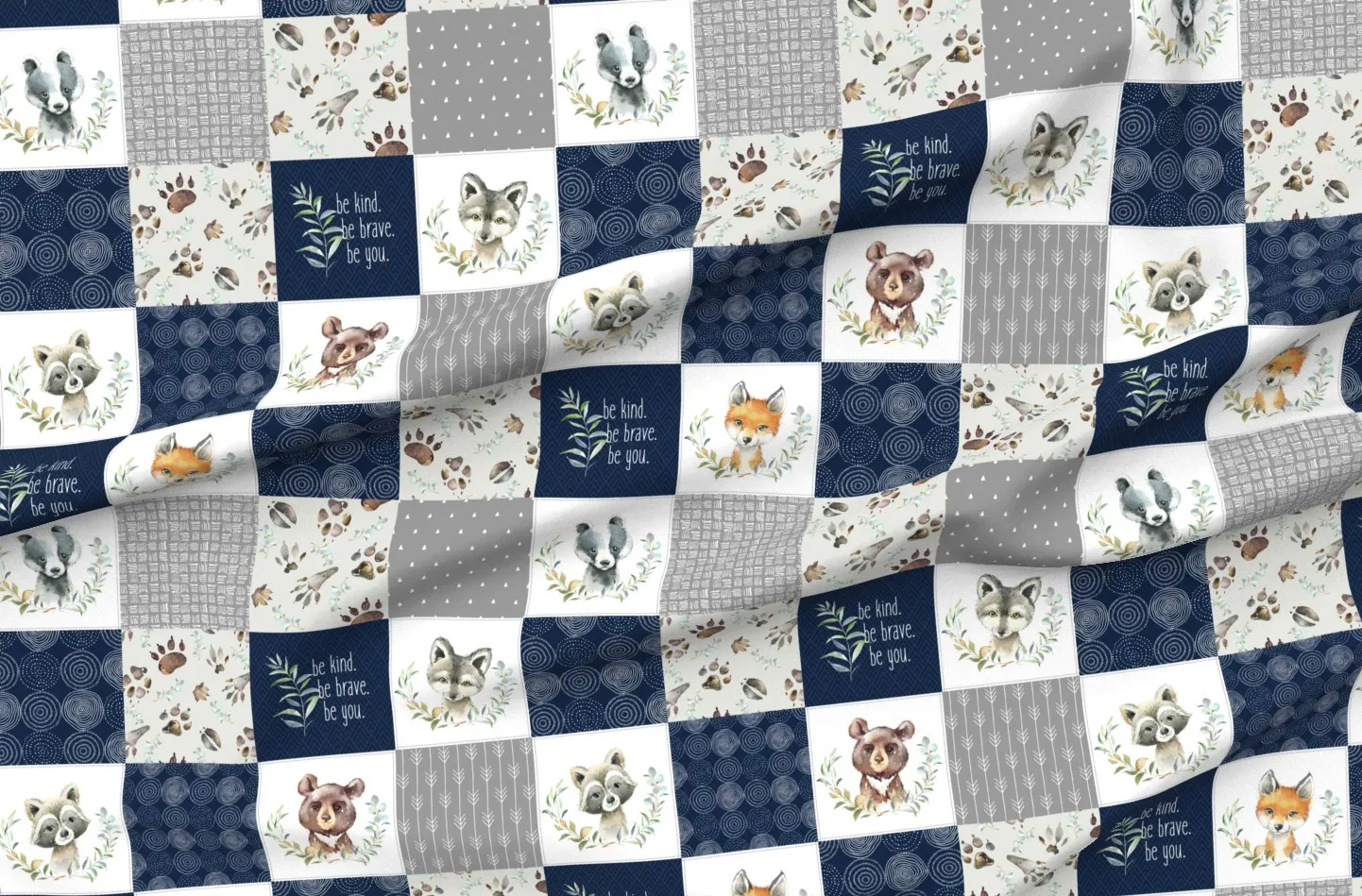 Woodland Animal Tracks Patchwork Quilt Top Fabric - Grey, Pique product